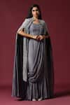 Buy_Two Sisters By Gyans_Grey Chiffon Embroidery Sequin Collar Border Pre-draped Saree Set With Cape _at_Aza_Fashions