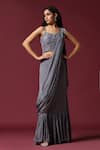 Two Sisters By Gyans_Grey Chiffon Embroidery Sequin Collar Border Pre-draped Saree Set With Cape _Online_at_Aza_Fashions