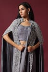 Buy_Two Sisters By Gyans_Grey Chiffon Embroidery Sequin Collar Border Pre-draped Saree Set With Cape 