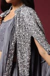 Shop_Two Sisters By Gyans_Grey Chiffon Embroidery Sequin Collar Border Pre-draped Saree Set With Cape 