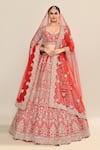 Kalighata_Red Raw Silk Hand Embroidery Floral Paan Neck Ira Jharokha Bridal Lehenga Set _Online_at_Aza_Fashions