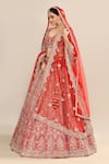 Buy_Kalighata_Red Raw Silk Hand Embroidery Floral Paan Neck Ira Jharokha Bridal Lehenga Set _Online_at_Aza_Fashions