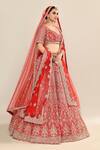 Shop_Kalighata_Red Raw Silk Hand Embroidery Floral Paan Neck Ira Jharokha Bridal Lehenga Set _Online_at_Aza_Fashions