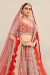 Buy_Kalighata_Red Raw Silk Hand Embroidery Floral Paan Neck Ira Jharokha Bridal Lehenga Set 