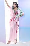 Shop_Pria Kataria Puri_Pink Satin Print Tulip Blossom Wavy Neck Ruffled Kaftan _at_Aza_Fashions