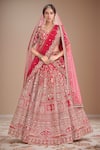 Buy_Kalighata_Pink Raw Silk Hand Embroidery Floral Paan Neck Kayra Jaal Bridal Lehenga Set _at_Aza_Fashions