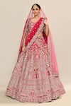 Buy_Kalighata_Pink Raw Silk Hand Embroidery Floral Paan Neck Kayra Jaal Bridal Lehenga Set _Online_at_Aza_Fashions