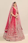 Shop_Kalighata_Pink Raw Silk Hand Embroidery Floral Paan Neck Kayra Jaal Bridal Lehenga Set _Online_at_Aza_Fashions