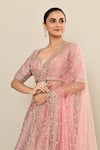 Kalighata_Pink Raw Silk Hand Embroidery Floral Sweetheart Margarette Bridal Lehenga Set _at_Aza_Fashions