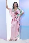 Pria Kataria Puri_Pink Satin Print Tulip Blossom Wavy Neck Ruffled Kaftan _Online_at_Aza_Fashions