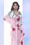 Buy_Pria Kataria Puri_Pink Satin Print Tulip Blossom Wavy Neck Ruffled Kaftan _Online_at_Aza_Fashions