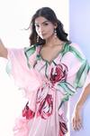 Shop_Pria Kataria Puri_Pink Satin Print Tulip Blossom Wavy Neck Ruffled Kaftan _Online_at_Aza_Fashions