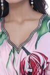 Pria Kataria Puri_Pink Satin Print Tulip Blossom Wavy Neck Ruffled Kaftan _at_Aza_Fashions