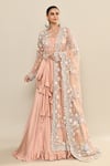 Shop_Kalighata_Peach Silk Embroidery Floral Round Neck Ginger Sequin Sheer Gown With Dupatta _Online_at_Aza_Fashions