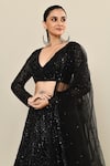 Shop_Kalighata_Black Organza Embroidery Floral V Neck Pacific Hand Lehenga Set _Online_at_Aza_Fashions