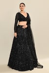 Kalighata_Black Organza Embroidery Floral V Neck Pacific Hand Lehenga Set _at_Aza_Fashions