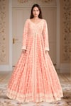 Buy_Kalighata_Peach Chanderi Embroidery Floral Plunge V Neck Sunrise Anarkali With Lehenga _at_Aza_Fashions