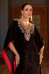 Negra Elegante_Black Silk Embroidery Floral V-neck Naaz Zardosi Kaftan _at_Aza_Fashions