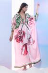 Buy_Pria Kataria Puri_Pink Satin Print Tulip Blossom V Neck Floral Kaftan _at_Aza_Fashions