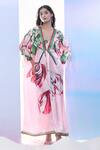 Shop_Pria Kataria Puri_Pink Satin Print Tulip Blossom V Neck Floral Kaftan _at_Aza_Fashions