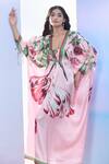 Pria Kataria Puri_Pink Satin Print Tulip Blossom V Neck Floral Kaftan _at_Aza_Fashions