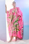 Buy_Pria Kataria Puri_Pink Satin Print Tulip Blossom High Collar Floral Kaftan _at_Aza_Fashions