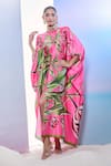 Buy_Pria Kataria Puri_Pink Satin Print Tulip Blossom High Collar Floral Kaftan _Online_at_Aza_Fashions