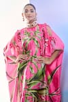 Shop_Pria Kataria Puri_Pink Satin Print Tulip Blossom High Collar Floral Kaftan _Online_at_Aza_Fashions