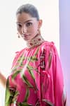 Pria Kataria Puri_Pink Satin Print Tulip Blossom High Collar Floral Kaftan _Online