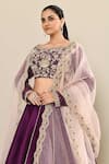 Shop_Kalighata_Purple Chanderi Embroidery Floral Boat Neck Sage Blouse Lehenga Set _Online_at_Aza_Fashions