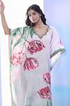 Pria Kataria Puri_Beige Silk Print Tulip Blossom Wavy Neck Kaftan With Pant _Online_at_Aza_Fashions