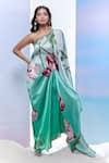 Shop_Pria Kataria Puri_White Satin Print Tulip Blossom Asymmetric Neck Dual Tone Kaftan _at_Aza_Fashions