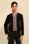 Buy_Aarke Ritu Kumar_Black Poly Velvet Embroidered Floral Band Collar Kaar Puffer Jacket _at_Aza_Fashions