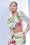 Pria Kataria Puri_White Satin Printed Tulip V-neck Crop Top With Ruched Skirt _Online