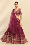 Buy_Aarke Ritu Kumar_Purple Poly Dupion Print Tribal Bud Bloom V Neck Tanishqa Lehenga Set _at_Aza_Fashions