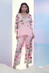 Shop_Pria Kataria Puri_Pink Silk Printed Tulip Wavy V-neck High-low Tunic With Pant _at_Aza_Fashions