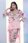 Pria Kataria Puri_Pink Silk Printed Tulip Wavy V-neck High-low Tunic With Pant _at_Aza_Fashions