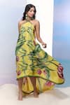 Shop_Pria Kataria Puri_Yellow Satin Printed Tulip Band Collar High-low Dress _at_Aza_Fashions