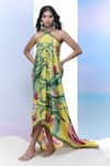 Pria Kataria Puri_Yellow Satin Printed Tulip Band Collar High-low Dress _Online_at_Aza_Fashions