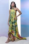 Buy_Pria Kataria Puri_Yellow Satin Printed Tulip Band Collar High-low Dress _Online_at_Aza_Fashions