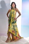 Shop_Pria Kataria Puri_Yellow Satin Printed Tulip Band Collar High-low Dress 