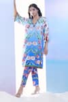 Buy_Pria Kataria Puri_Blue Silk Printed Tulip Wavy V-neck Shaded Kurta With Pant _Online_at_Aza_Fashions