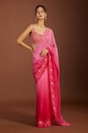 Meghna shah_Pink Pure Mul Silk Embroidered Thread Scoop Floral Ombre Saree With Blouse _Online_at_Aza_Fashions