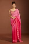 Shop_Meghna shah_Pink Pure Mul Silk Embroidered Thread Scoop Floral Ombre Saree With Blouse 