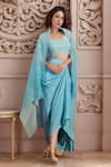 Buy_Meghna shah_Blue Pure Mul Silk Embroidered Thread Scoop Jaal Blouse Dhoti Skirt Set _at_Aza_Fashions