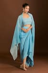 Buy_Meghna shah_Blue Pure Mul Silk Embroidered Thread Scoop Jaal Blouse Dhoti Skirt Set 