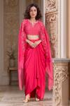 Buy_Meghna shah_Pink Pure Mul Silk Embroidered Thread Notched Jaal Blouse Solid Dhoti Skirt Set _at_Aza_Fashions