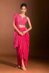 Buy_Meghna shah_Pink Pure Mul Silk Embroidered Thread Notched Jaal Blouse Solid Dhoti Skirt Set _Online_at_Aza_Fashions