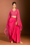 Buy_Meghna shah_Pink Pure Mul Silk Embroidered Thread Notched Jaal Blouse Solid Dhoti Skirt Set 