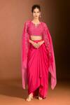 Shop_Meghna shah_Pink Pure Mul Silk Embroidered Thread Notched Jaal Blouse Solid Dhoti Skirt Set 